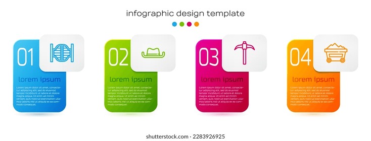 Set line Saloon door, Western cowboy hat, Pickaxe and Coal mine trolley. Business infographic template. Vector