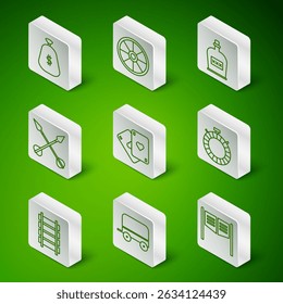 Set line Saloon door, Wild west covered wagon, Money bag, Playing cards, Crossed arrows, Old wooden wheel, Railway, railroad track and Canteen water bottle icon. Vector