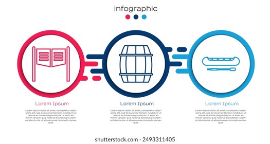 Puertas de salón, barril de madera y kayak o canoa y remo. Plantilla de infografía de negocios. Vector