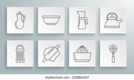 Set line Salt, Bowl, Rolling pin, Citrus fruit juicer, Spatula, Measuring cup, Kettle with handle and Bottle of olive oil icon. Vector