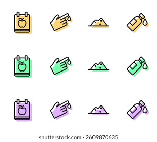 Set line Salt, Diet plan, Finger blood and Bottle of water icon. Vector