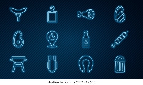 Set line Salt, Grilled shish kebab, Chicken leg, Location with fire flame, Steak meat, Sausage the fork, Tabasco sauce and Cutting board icon. Vector