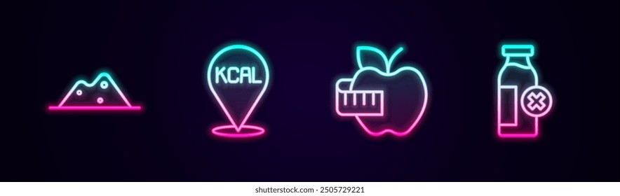 Sal, Kcal, Manzana y cinta métrica y la intolerancia a la lactosa. Icono de neón brillante. Vector