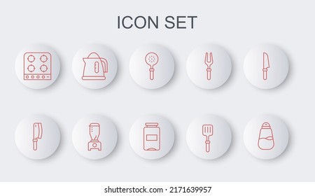 Fijar línea Salt, Chopper de carne, Spatula, Espatula de barbacoa, estufa de gas, hervidor eléctrico, Blender y Jam jar icono. Vector