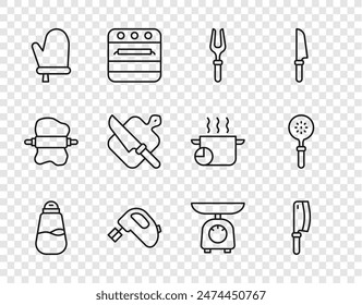 Set line Salt, Meat chopper, Barbecue fork, Electric mixer, Oven glove, Cutting board and knife, Scales and Spatula icon. Vector