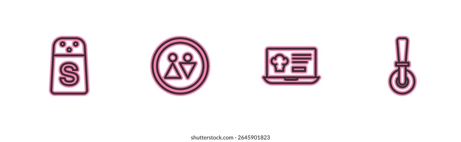 Set line Salt, Online ordering and delivery, Toilet and Pizza knife icon. Vector