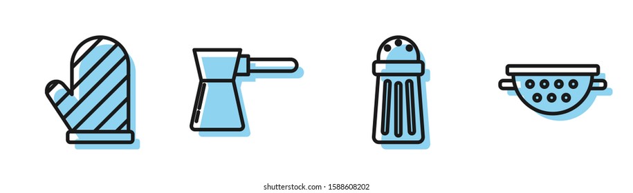 Set line Salt , Oven glove , Coffee turk  and Kitchen colander  icon. Vector