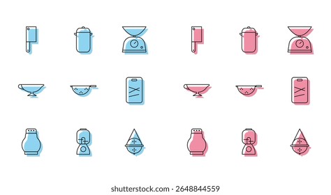 Set line Salt and pepper, Blender, Meat chopper, Ball tea strainer, Kitchen colander, Cutting board, Sauce boat and Cooking pot icon. Vector