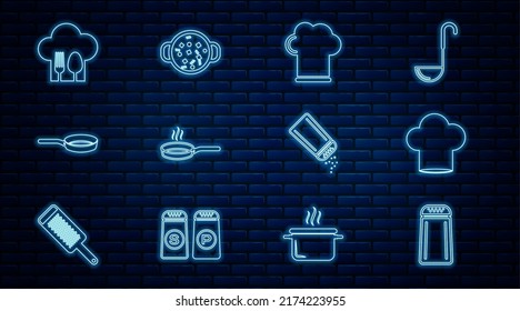 Set line Salt and pepper, Chef hat, Frying pan, with fork spoon,  and Cooking soup pot icon. Vector