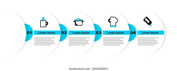 Set line Salt and pepper, Chef hat, Cooking pot and Coffee cup icon. Vector