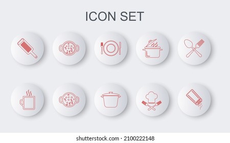 Set line Salt and pepper, Coffee cup, Plate, fork knife, Chef hat, Grater, Cooking soup in pot,  and  icon. Vector
