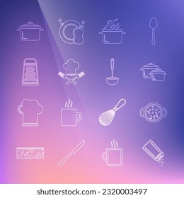 Set line Salt and pepper, Cooking soup in pot, Chef hat fork, Grater,  and Kitchen ladle icon. Vector