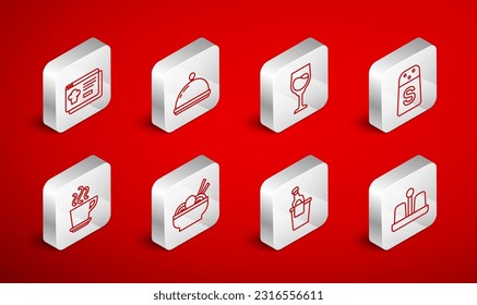Set line Salt and pepper, Covered with tray, Wine glass, Champagne ice bucket, Online ordering delivery, Asian noodles bowl and Coffee cup icon. Vector