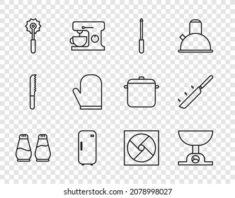 Set line Salt and pepper, Electronic scales, Knife sharpener, Refrigerator, Pizza knife, Oven glove, Ventilation and Frying pan icon. Vector