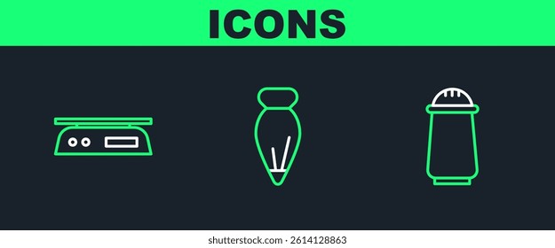 Set line Salt and pepper, Electronic scales and Pastry bag for decorate cakes icon. Vector