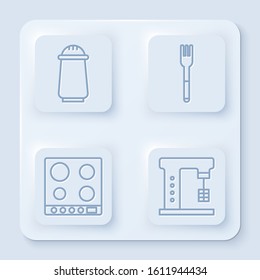 Set line Salt and pepper, Fork, Gas stove and Electric mixer. White square button. Vector