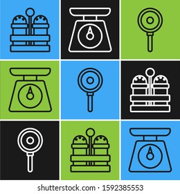 Set line Salt and pepper , Frying pan  and Scales  icon. Vector
