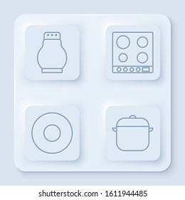 Set line Salt and pepper, Gas stove, Plate and Cooking pot. White square button. Vector