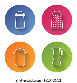 Set line Salt and pepper, Grater, Cooking pot and Moka pot. Color circle button. Vector