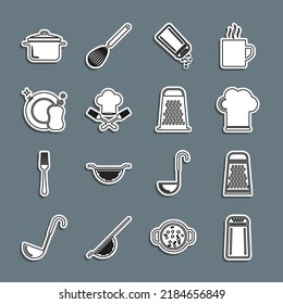 Set line Salt and pepper, Grater, Chef hat, fork, Washing dishes, Cooking pot and  icon. Vector