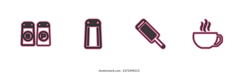 Set line Salt and pepper, Grater,  and Coffee cup icon. Vector