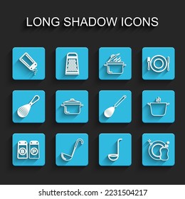 Set line Salt and pepper, Kitchen ladle, Washing dishes, Cooking pot,  and whisk icon. Vector