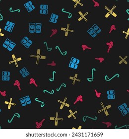 Set line Salt and pepper, Kitchen ladle, Crossed fork and Frying pan on seamless pattern. Vector