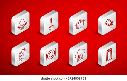 Sal y pimienta, cucharón de cocina, olla, sombrero de chef con cuchara de tenedor, placa, cuchillo y burbujas de esponja icono. Vector