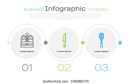 Set line Salt and pepper , Knife  and Kitchen whisk . Business infographic template. Vector