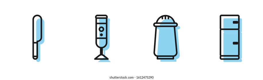 Set line Salt and pepper, Knife, Blender and Refrigerator icon. Vector