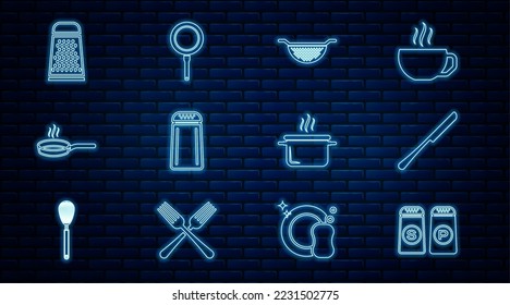 Fijar la línea Sal y pimienta, Cuchilla, Cocina colador, Cocina de freír pan, Grater, Cocina de olla e ícono. Vector