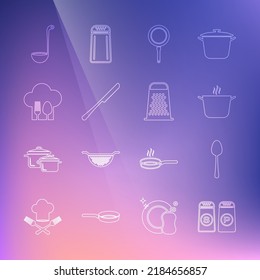 Set line Salt and pepper, Spoon, Cooking pot, Frying pan, Knife, Chef hat with fork spoon, Kitchen ladle and Grater icon. Vector