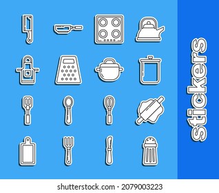 Set line Salt, Rolling pin, Cooking pot, Gas stove, Grater, Kitchen apron, Meat chopper and  icon. Vector