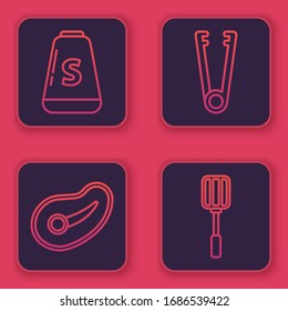 Set line Salt, Steak meat, Meat tongs and Spatula. Blue square button. Vector