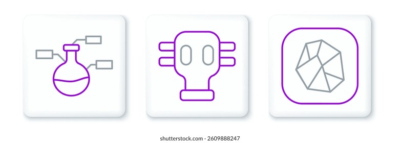 Set line Salt stone, Test tube and flask and Gas mask icon. Vector