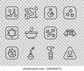 Set line Salt stone, Triangle warning toxic, Cracked flask, Test tube and, Chemical formula, Mortar pestle,  and Electronic scales icon. Vector