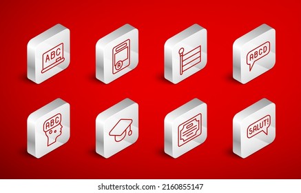 Set line Salut in different languages, Exam sheet with A plus grade, Flag, Alphabet, Certificate template, Chalkboard, Graduation cap and Learning foreign icon. Vector