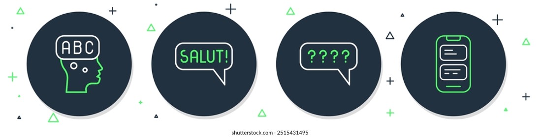 Set line Salut in different languages, Speech bubbles with Question, Learning foreign and Online translator icon. Vector