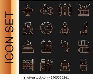 Set line Sand in bucket, Battery, Baseball bat with ball, Marker pen, Soccer football, Teddy bear plush toy, Whirligig and Rocket ship icon. Vector