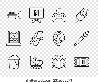 Set line Sand in bucket, Circus ticket, Gamepad, Roller skate, Trumpet, Toy horse, Butterfly and Paint brush icon. Vector