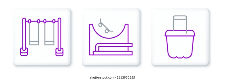 Set line Sand in bucket, Double swing and Skate park icon. Vector