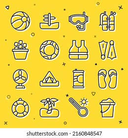 Set line Sand in bucket, Flip flops, Rubber flippers for swimming, Diving mask, ring, Ice, Beach ball and Life jacket icon. Vector
