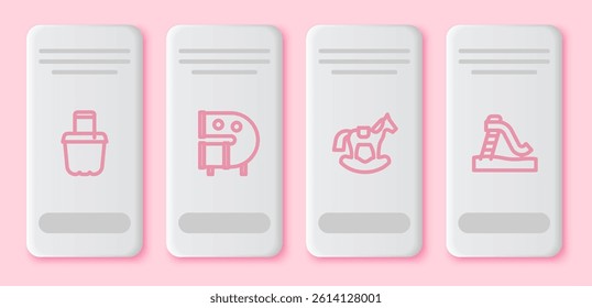 Set line Sand in bucket, Kid playground slide pipe, Horse saddle swing and . White rectangle button. Vector