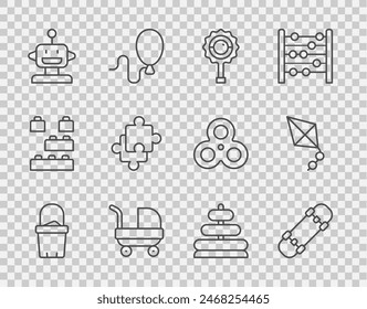 Set line Sand in bucket, Skateboard, Rattle baby toy, Baby stroller, Robot, Puzzle pieces, Pyramid and Kite icon. Vector