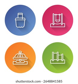 Set line Sand in bucket, Swing, Attraction carousel and Horizontal bar. Color circle button. Vector