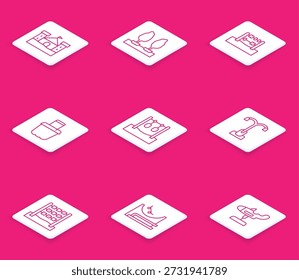 Set line Sand castle, Forest, Abacus, in bucket, Gymnastic rings, Street light, Tic tac toe game and Skate park icon. Vector