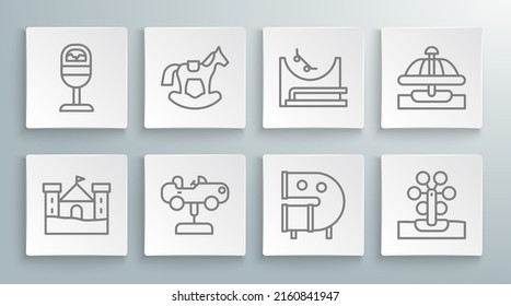 Set line Sand castle, Horse in saddle swing, Swing car, Kid playground slide pipe, Ferris wheel, Skate park, Attraction carousel and Trash can icon. Vector