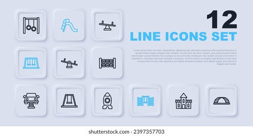 Fija la línea Castillo de arena, barra de mono, sierra, pared sueca, columpios para niños, parque infantil con diapositivas e icono del juguete de un barco con cohetes. Vector