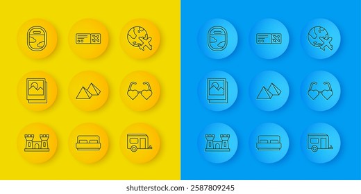 Set line Sand castle, Photo, Egypt pyramids, Rv Camping trailer, Heart shaped love glasses, Airplane window, Globe with flying and Airline ticket icon. Vector