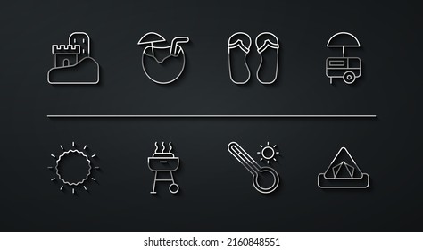 Set line Sand castle, Sun, Fast street food cart, Meteorology thermometer, Barbecue grill, Coconut cocktail, Tourist tent and Flip flops icon. Vector